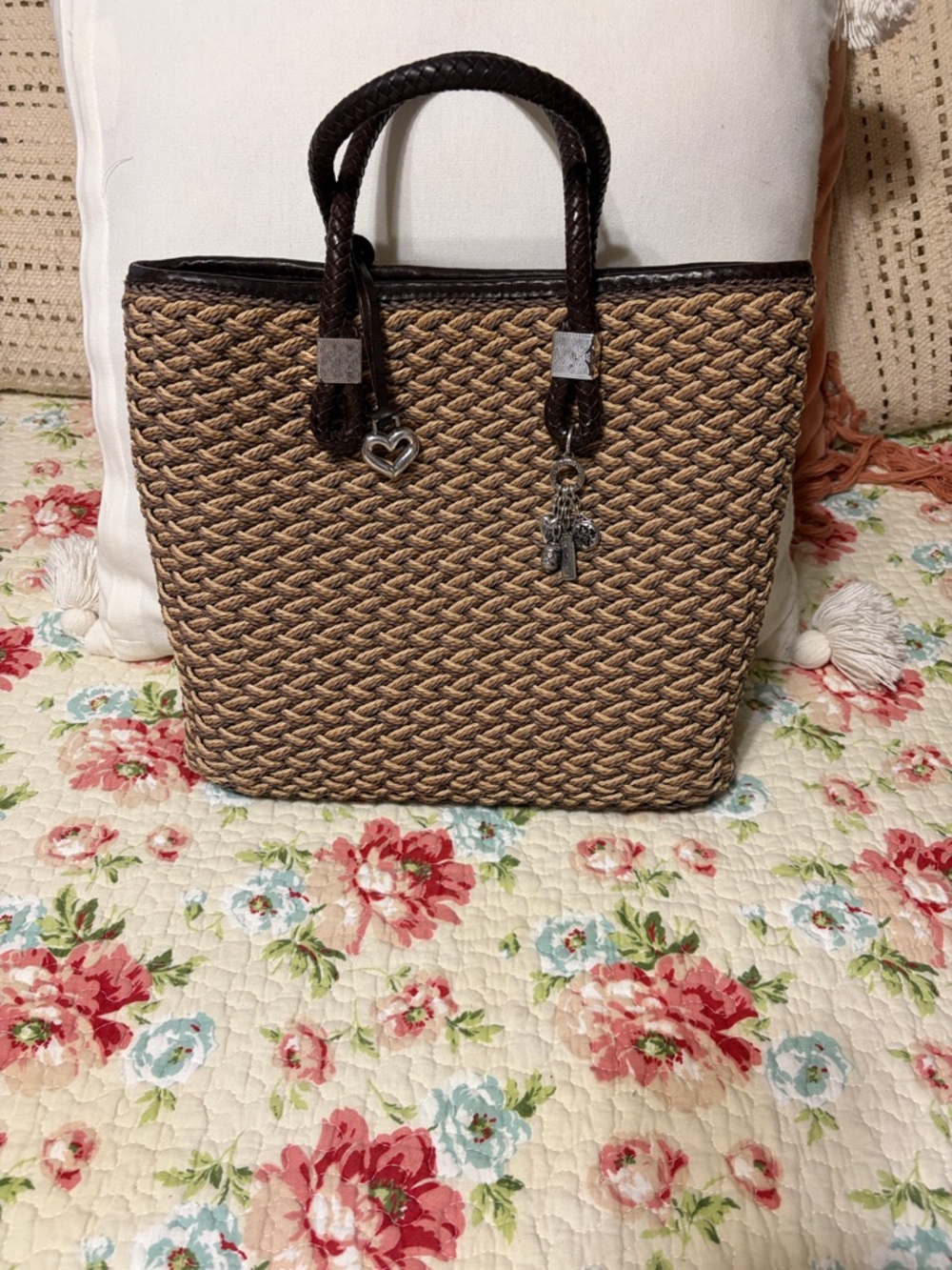 Brighton Woven Straw Tote Bag with Dark Brown braided leather  Handles.
